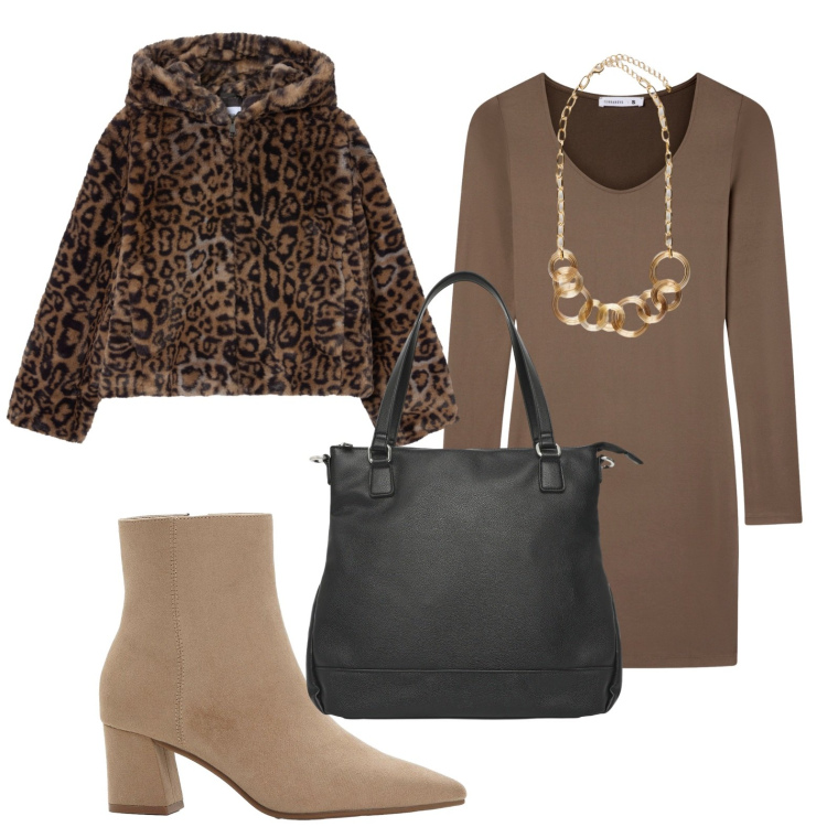 Outfit donna - La collana preziosa. Stile Minimal per Ufficio. Abbinamento con stivaletti, vestiti corti, shopping bag, ecopellicce, collane.