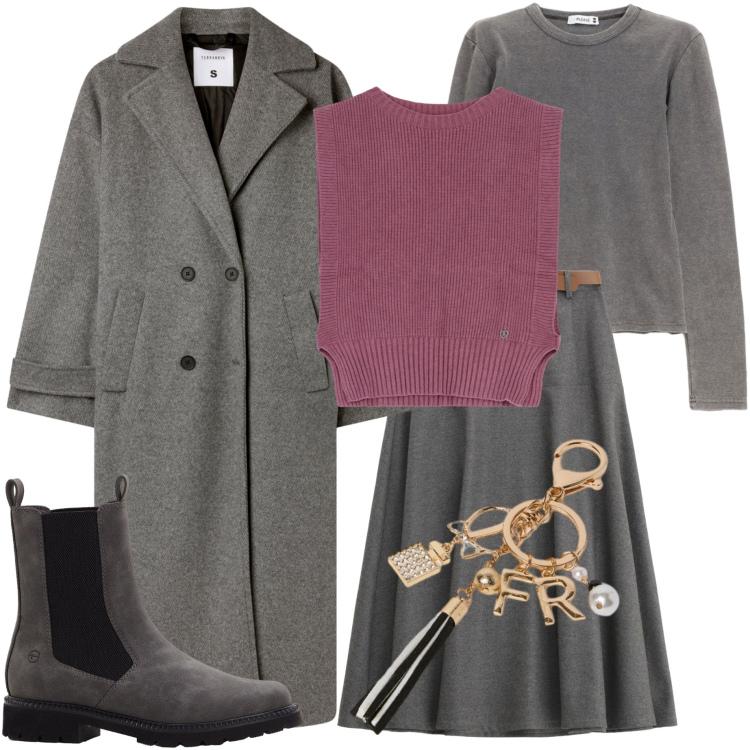 Outfit donna - Gilet di lana. Stile Casual chic per Ufficio. Abbinamento con stivaletti chelsea, cappotti, maglieria, gonne lunghe, maglieria, portachiavi.