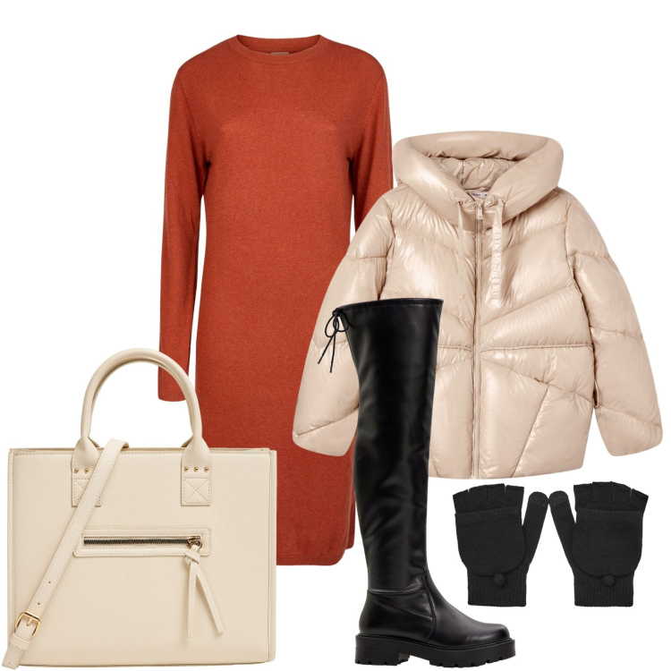Outfit donna - Il vestito caki. Stile Minimal per Tutti i giorni. Abbinamento con stivali sopra il ginocchio, giacche, shopping bag, guanti, vestiti midi/longuette.