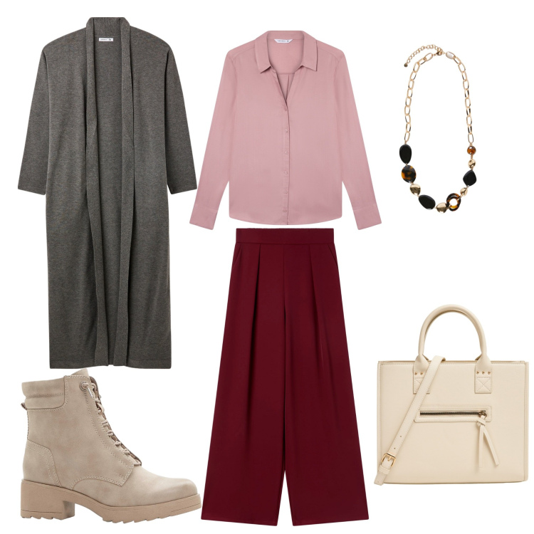 Outfit donna - Primi freddi. Stile Casual chic per Tutti i giorni. Abbinamento con stivaletti, pantaloni, shopping bag, cardigans, camicie, collane.