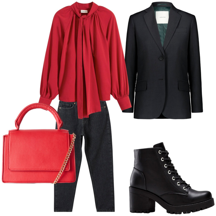 Outfit donna - In ufficio. Stile Minimal per Ufficio. Abbinamento con stivaletti, camicie, jeans mom, borse a tracolla, blazer.