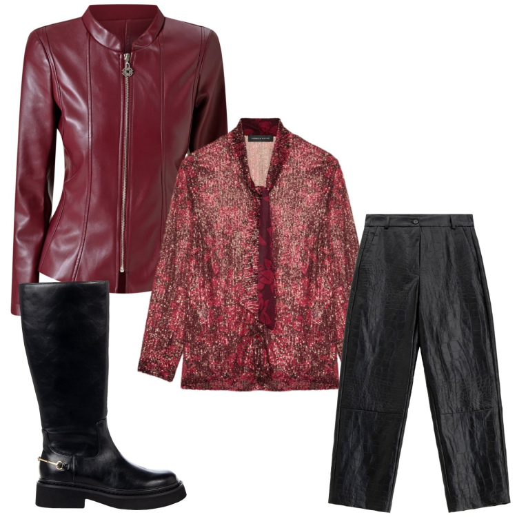 Outfit donna - Il bordeaux nell\'aria. Stile Casual chic per Serata fuori. Abbinamento con blazer, stivali sopra il ginocchio, pantaloni, camicie.