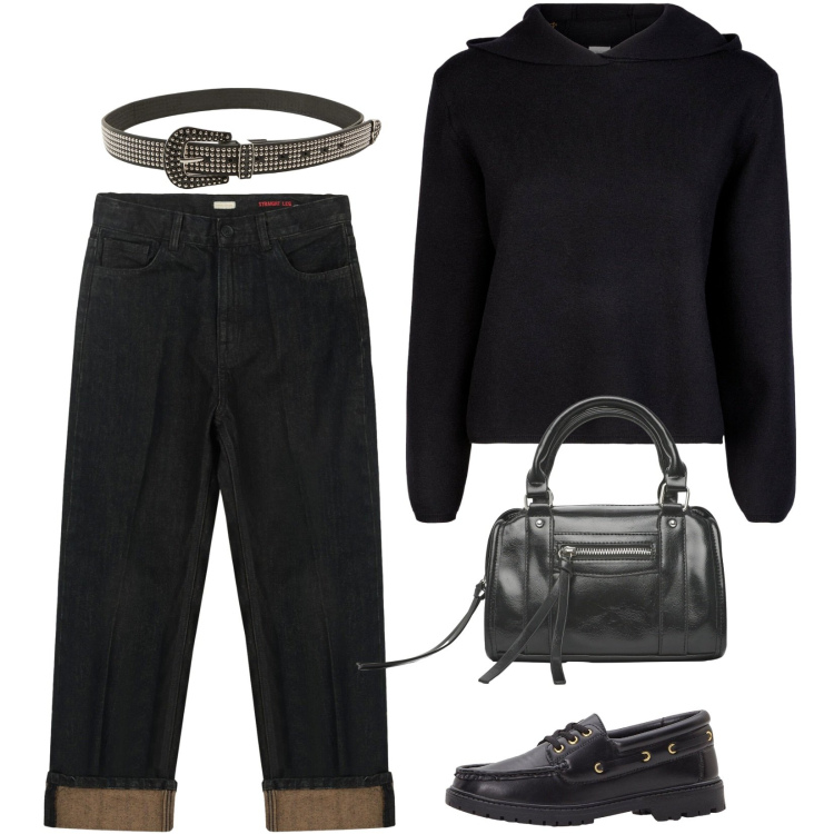 Outfit donna - Tutto nero. Stile Mannish per Scuola/Università. Abbinamento con mocassini, cinture, borse a mano, maglieria, jeans dritti.