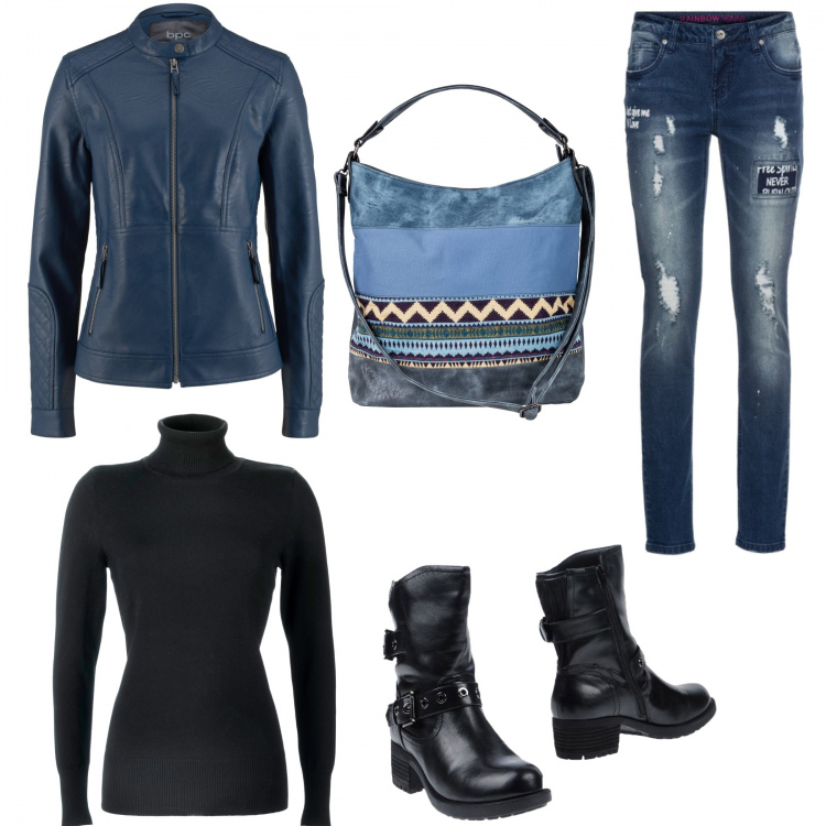 Outfit donna - Soft rock. Stile Rock per Tutti i giorni. Abbinamento con maglieria, giacca con cinturino in pelle sintetica con polsini blu, jeans skinny, shopping bag in denim, stivaletti.