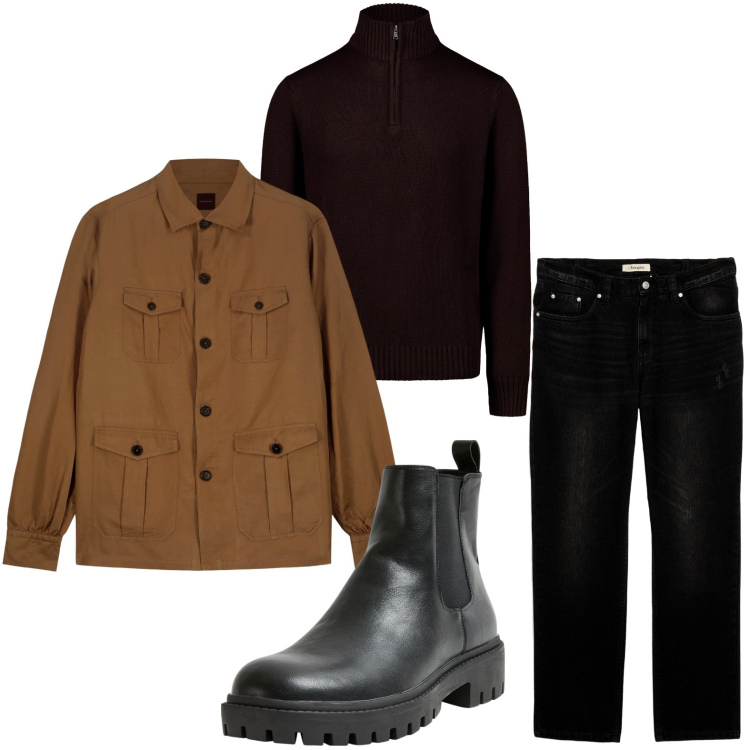 Outfit uomo - Il giaccone funzionale. Stile Trendy per Ufficio. Abbinamento con jeans, stivali e stivaletti, cappotti, maglieria.