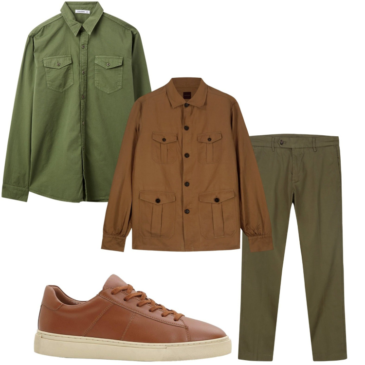 Outfit uomo - Verde e marrone. Stile Casual per Tutti i giorni. Abbinamento con sneakers, camicie, pantaloni chino, cappotti.