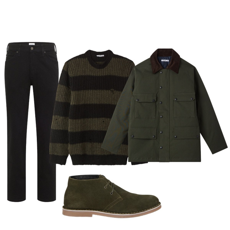 Outfit uomo - Total look #2275065. Stile Casual per Ufficio. Abbinamento con jeans dritti, eskimo, maglieria, stivali e stivaletti.