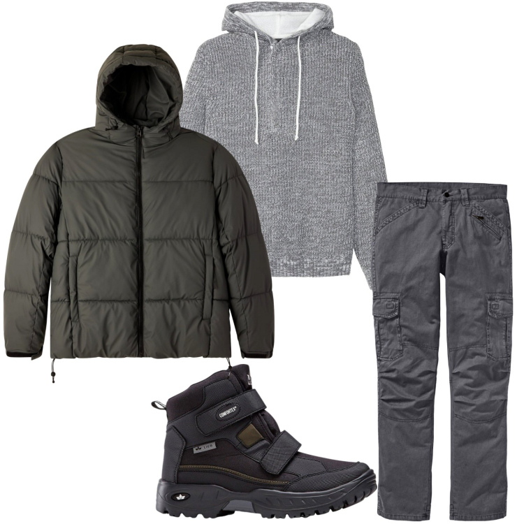 Outfit uomo - Grigio forever. Stile Trendy per Tutti i giorni. Abbinamento con pantaloni cargo, stivali e stivaletti, maglieria, bomber.