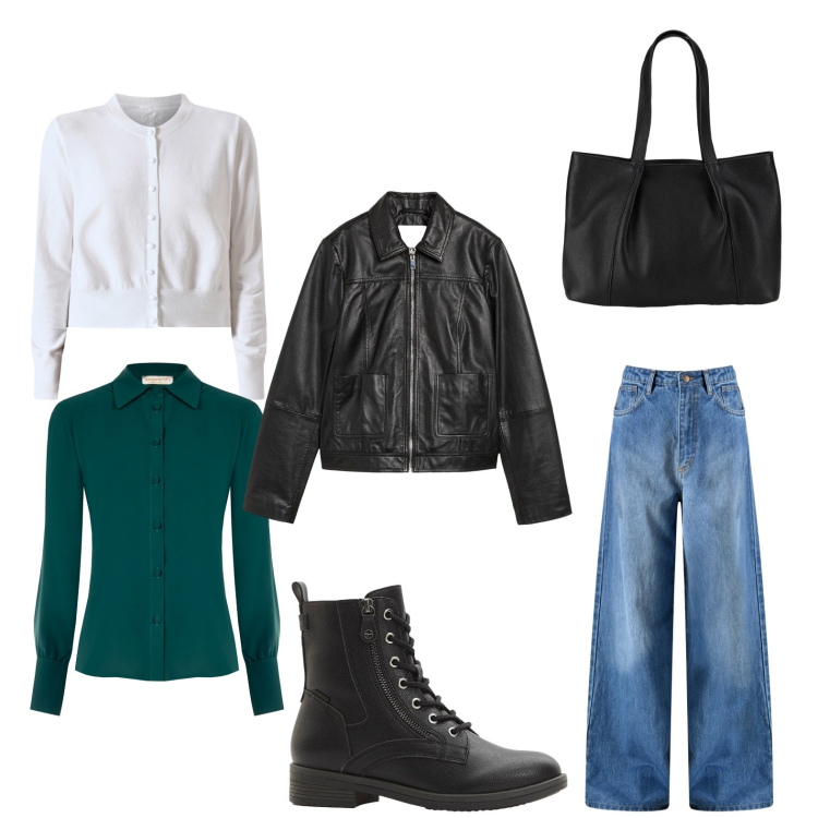 Outfit donna - Autunno 2025_01. Stile Urban per Tutti i giorni. Abbinamento con shopping bag, stivaletti, giacche, jeans, cardigans, camicie.