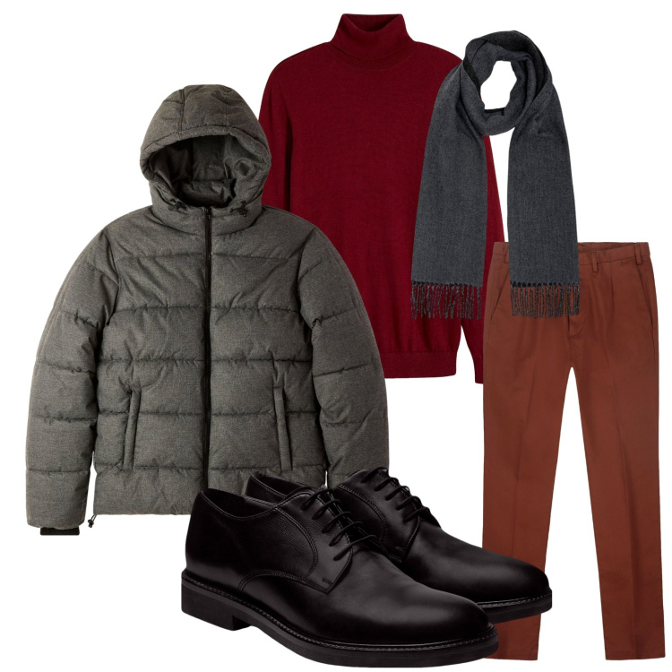 Outfit uomo - Guardaroba wine. Stile Trendy per Ufficio. Abbinamento con maglieria, bomber, scarpe stringate, pantaloni, sciarpe.