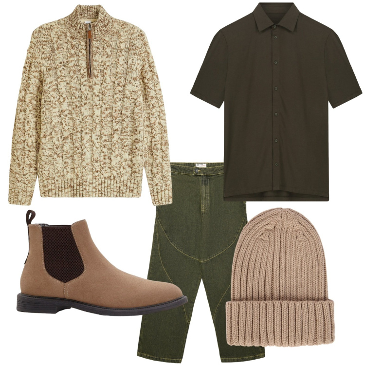 Outfit uomo - Toni autunnali. Stile Urban per Tutti i giorni. Abbinamento con maglieria, stivali e stivaletti, jeans dritti, berretti, polo.
