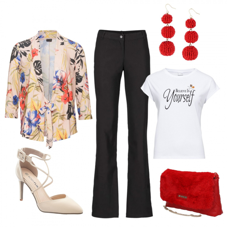 Outfit donna - Semplicità. Abbinamento con pantaloni, giacca jersey beige, t-shirt, orecchini a goccia rosso, décolleté pumps con cinturino beige, borsa a tracolla con logo frontale rosso.