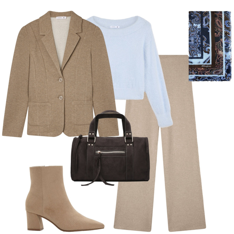 Outfit donna - Ottobre. Stile Urban per Tutti i giorni. Abbinamento con stivaletti, pantaloni, blazer, maglieria, borse a mano, foulard.