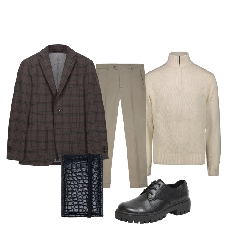 Outfit uomo - Total look #2275077. Stile Trendy per Tutti i giorni. Abbinamento con scarpe stringate, giacche, pantaloni chino, portafogli, maglieria.