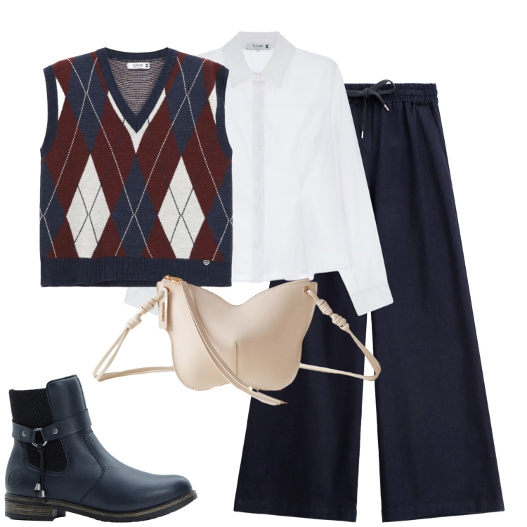 Outfit donna - City. Stile Trendy per Tutti i giorni. Abbinamento con stivaletti chelsea, camicie, jeans, gilet, borse a tracolla.