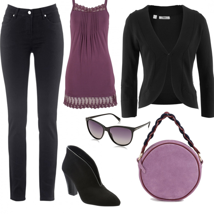 Outfit donna - Borsetta rotonda. Stile Bon Ton per Serata fuori. Abbinamento con jeans dritti, top con pizzo e spalline, bolero a maniche lunghe in in maglia nero e corda, tronchetti con tacco largo nero, occhiali da sole, borsa a tracolla con cinturino effetto scamosciato con zip in denim con manico forma intrecciata.