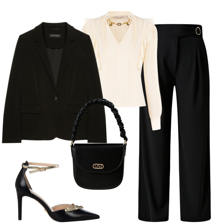 Outfit donna - City. Stile Chic per Tutti i giorni. Abbinamento con pantaloni a palazzo, décolleté, bluse, borse a mano, blazer.
