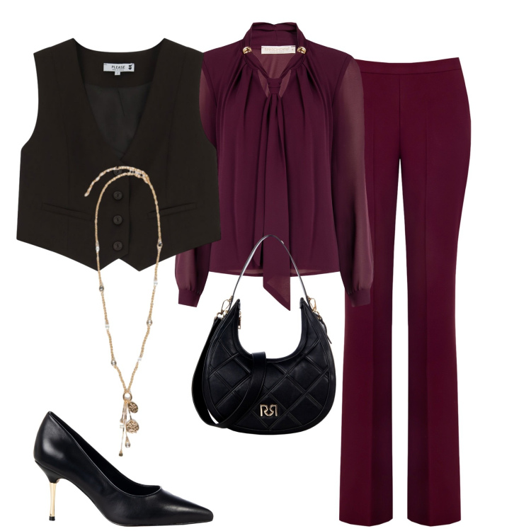 Outfit donna - Chic in borgogna. Stile Trendy per Serata fuori. Abbinamento con borse a tracolla, décolleté, bluse, pantaloni, gilet, ciondoli.
