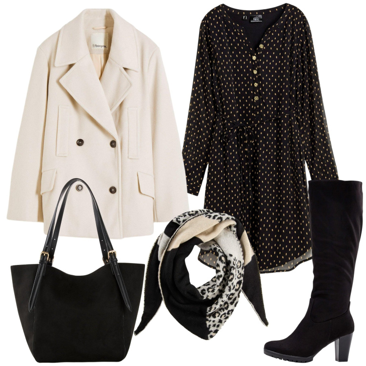 Outfit donna - Total look #2275087. Stile Glamour per Serata fuori. Abbinamento con caban, stivali, vestiti, shopping bag, foulard.