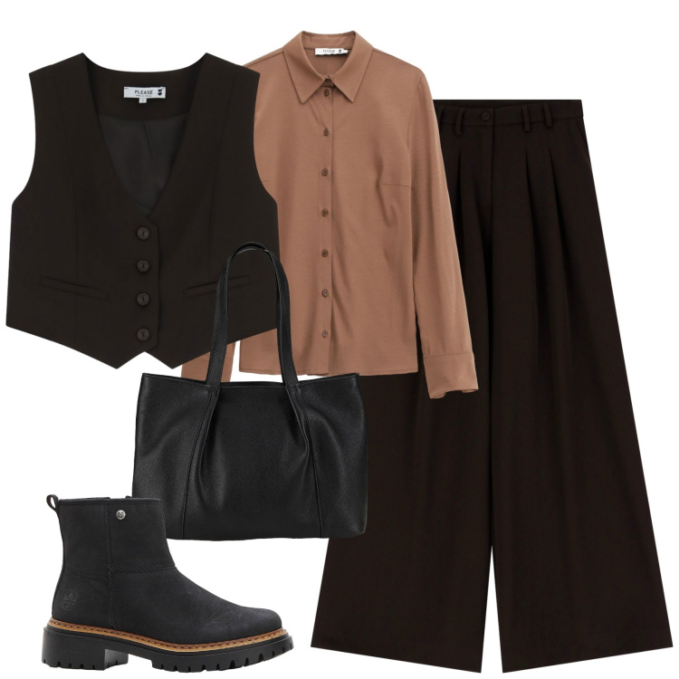 Outfit donna - Total look #2275090. Stile Urban per Tutti i giorni. Abbinamento con shopping bag, stivaletti, camicie, pantaloni, gilet.