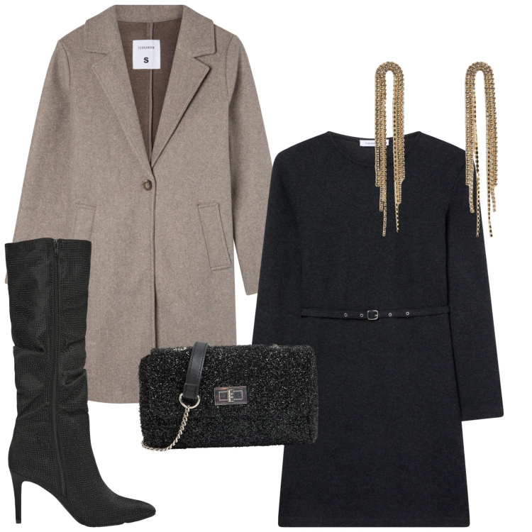 Outfit donna - Total look #2275092. Stile Glamour per Serata fuori. Abbinamento con vestiti midi/longuette, orecchini, cappotti, stivali, borse a tracolla.