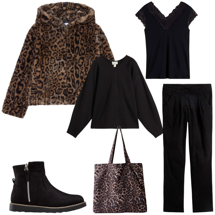 Outfit donna - Nero e animalier. Stile Casual chic per Tutti i giorni. Abbinamento con pantaloni chino, maglieria, stivaletti, maglieria, shopping bag, ecopellicce.