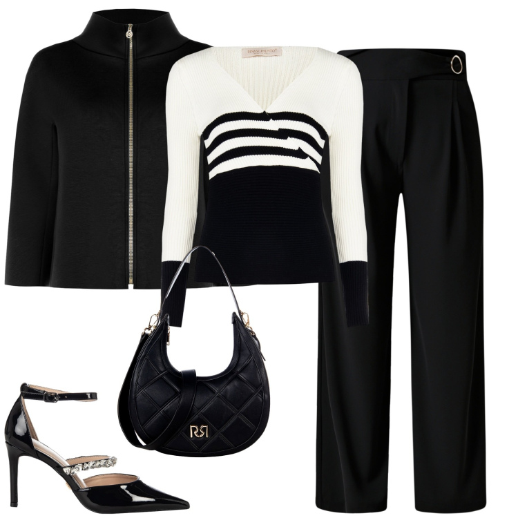 Outfit donna - B&w. Stile Urban per Tutti i giorni. Abbinamento con pantaloni a palazzo, borse a tracolla, cappe, décolleté, maglieria.