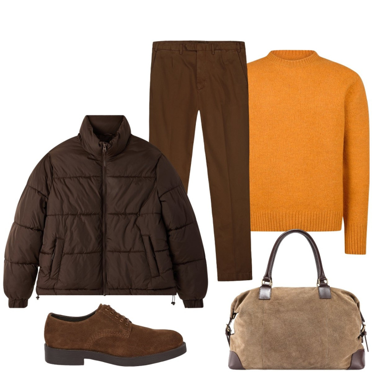 Outfit uomo - In viaggio. Stile Trendy per Tutti i giorni. Abbinamento con bomber, scarpe stringate, pantaloni, borse sportive, maglieria.