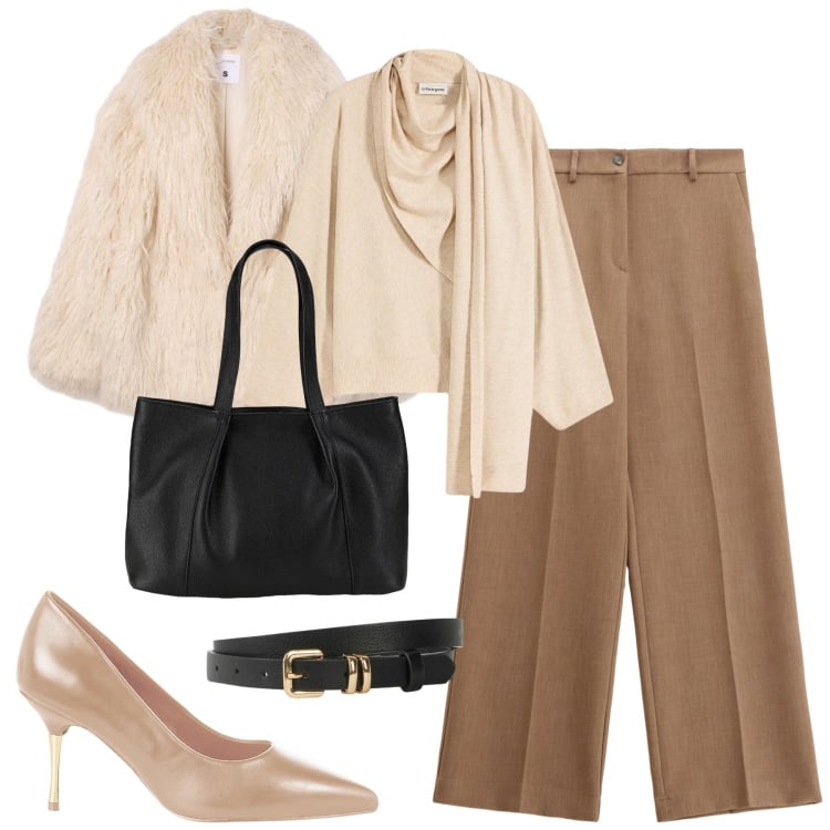 Outfit donna - City. Stile Urban per Tutti i giorni. Abbinamento con cinture, maglieria, shopping bag, ecopellicce, décolleté, pantaloni.