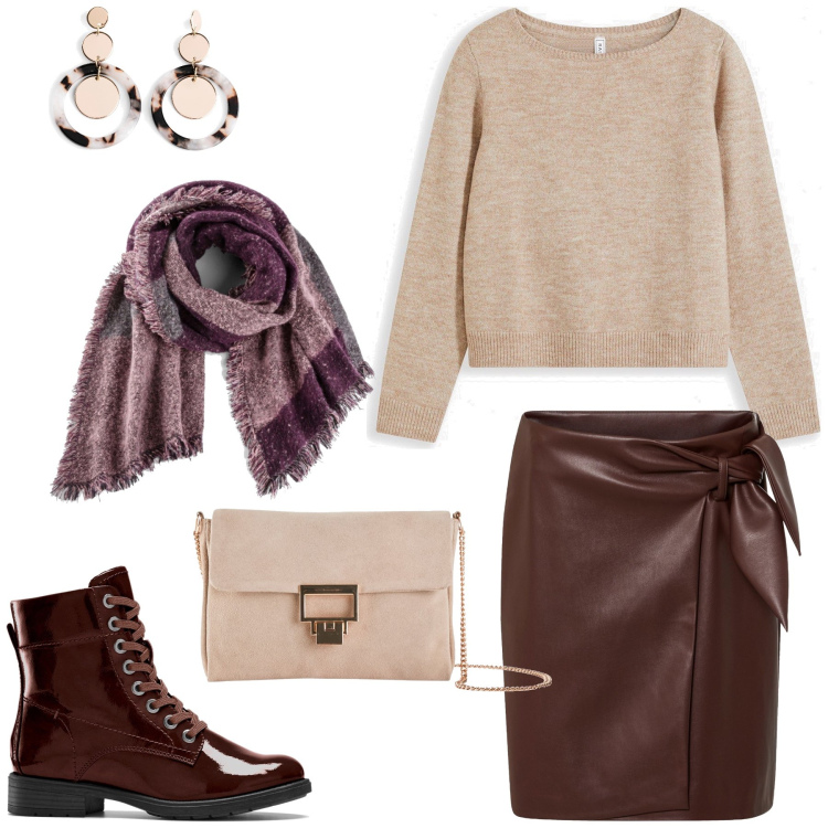 Outfit femme - Shirley. Style Tendance pour Tous les jours. Assortir avec jupes, pulls, écharpes, bottes, pochette, boucles d'oreilles.