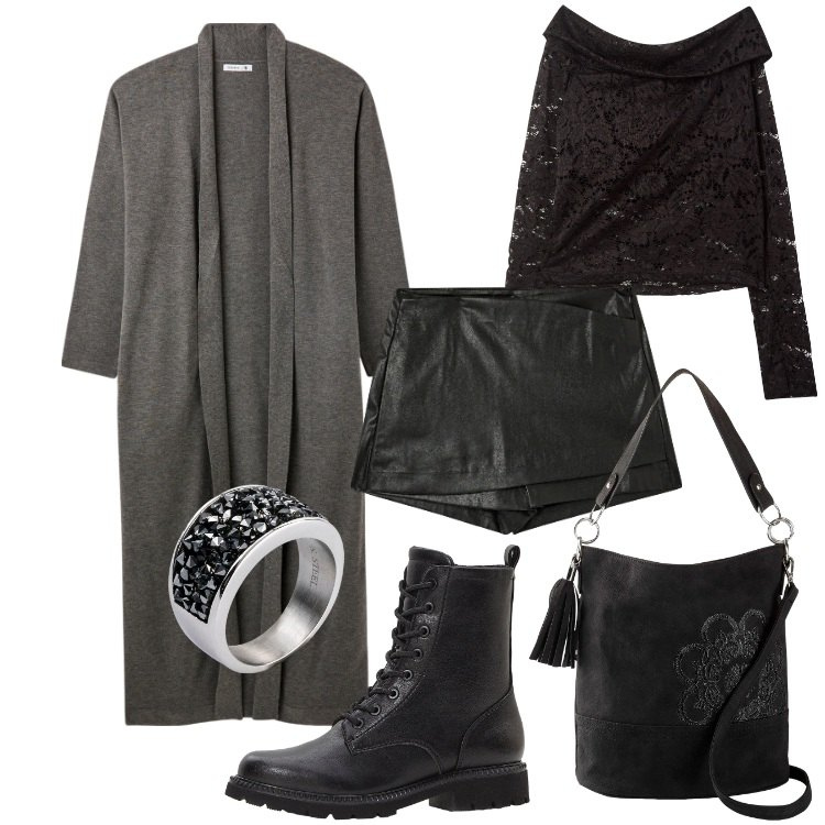 Outfit donna - Maxi cardigan grigio. Stile Rock per Serata fuori. Abbinamento con anelli, borse a mano, stivaletti, minigonne, cardigans, bluse.