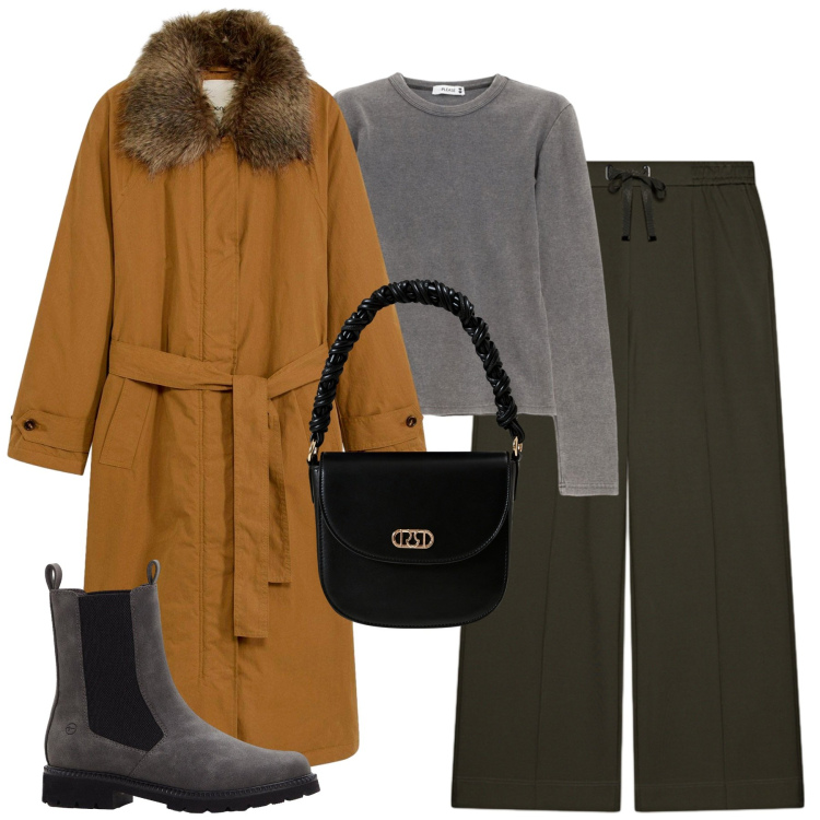 Outfit donna - Ottobre. Stile Urban per Tutti i giorni. Abbinamento con stivaletti chelsea, trench, borse a mano, maglieria, pantaloni.