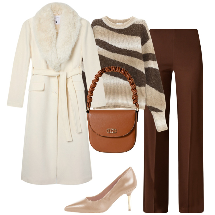 Outfit donna - City. Stile Urban per Tutti i giorni. Abbinamento con cappotti, pantaloni a palazzo, décolleté, borse a mano, pullovers.