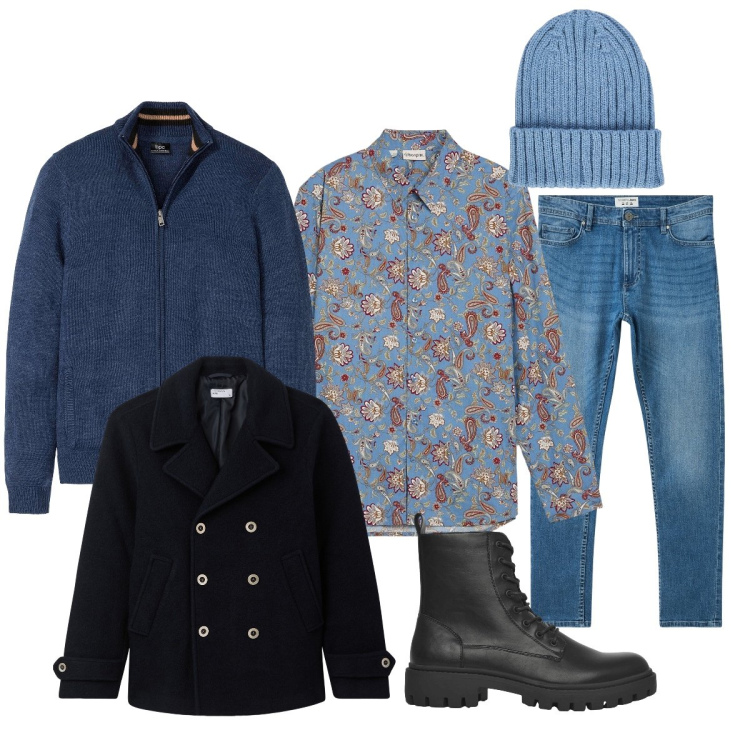 Outfit uomo - Total look #2275110. Stile Casual per Tutti i giorni. Abbinamento con cardigans, camicie, anfibi, jeans skinny, cappotti, berretti.