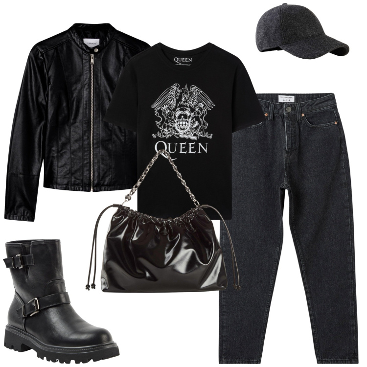 Outfit donna - Total look #2275113. Stile Rock per Tutti i giorni. Abbinamento con cappelli con visiera, shopping bag, t-shirt, jeans mom, stivaletti, giacche.