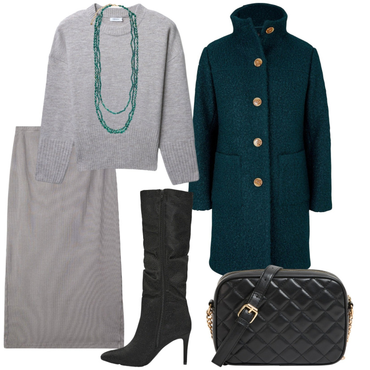 Outfit donna - Stivali e cappotto. per Tutti i giorni. Abbinamento con cappotti, gonne longuette, maglieria, borse a tracolla, stivali, collane.