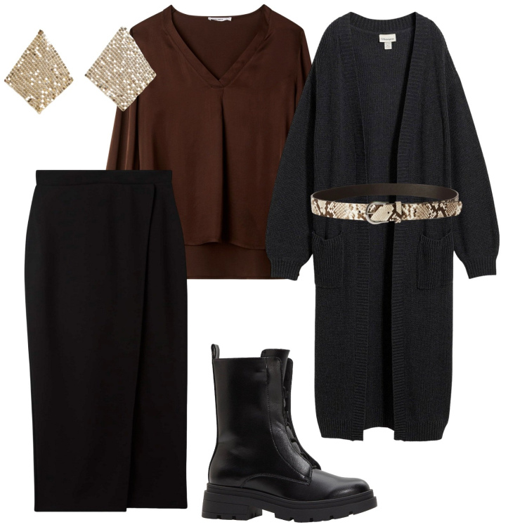 Outfit donna - Vesto cardigan. per Tutti i giorni. Abbinamento con stivaletti, cardigans, bluse, gonne longuette, orecchini, cinture.