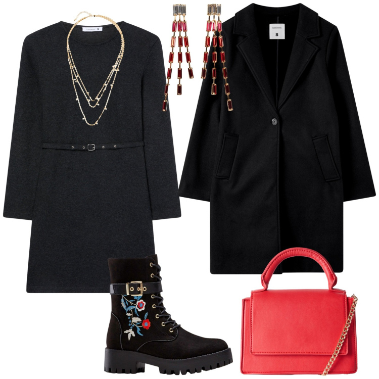 Outfit donna - Cena tra amici. per Serata fuori. Abbinamento con collane, stivali, orecchini, vestiti midi/longuette, borse a tracolla, cappotti.