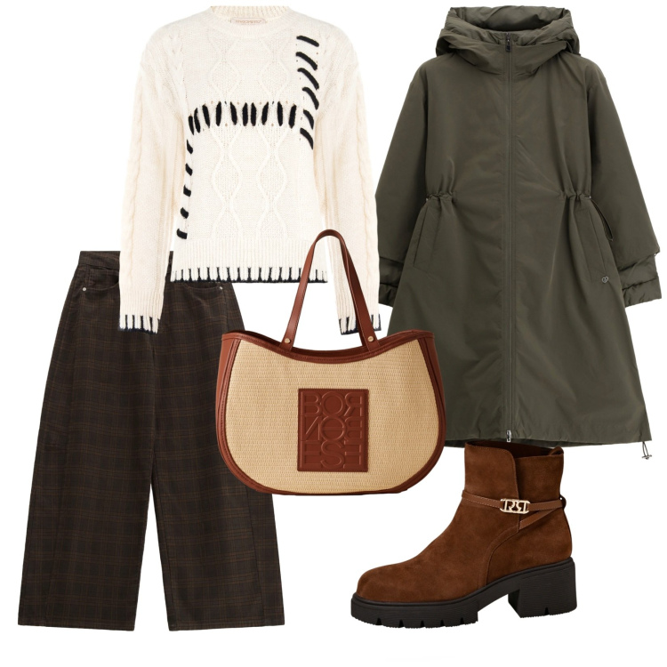 Outfit donna - Una stagione fredda. per Tutti i giorni. Abbinamento con maglieria, stivaletti, pantaloni, parka, shopping bag.