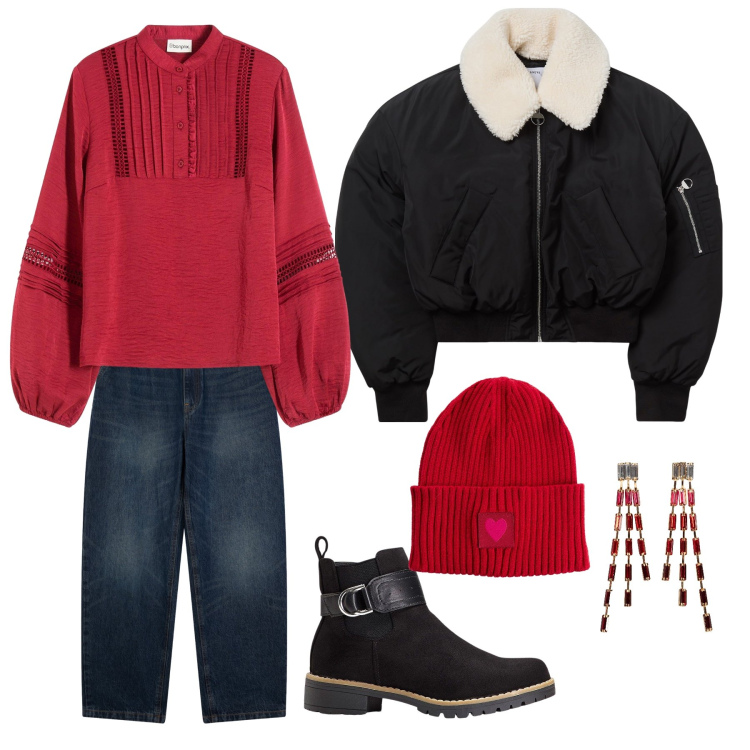 Outfit donna - Primi freddi. Stile Casual chic per Tutti i giorni. Abbinamento con bluse, stivaletti chelsea, orecchini, berretti, blazer, jeans.