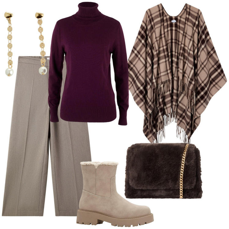 Outfit donna - Vacanze in scozia. per Tutti i giorni. Abbinamento con maglieria, stivaletti, orecchini, pantaloni, cappotti, borse a tracolla.