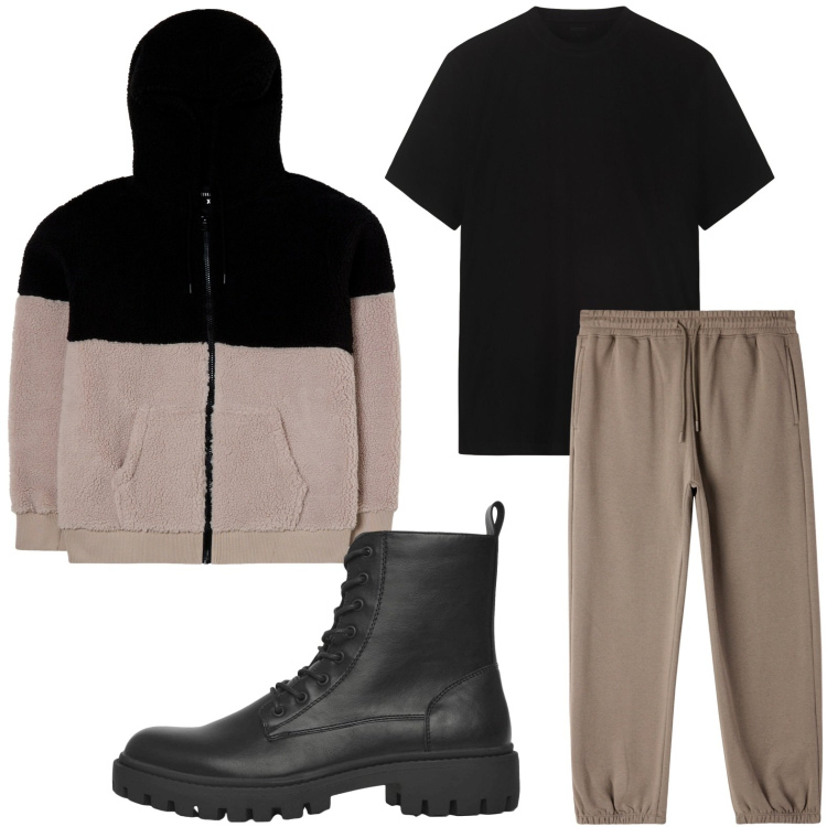 Outfit uomo - Capi funzionali. Stile Trendy per Tutti i giorni. Abbinamento con felpe con cappuccio, anfibi, pantaloni, t-shirt.