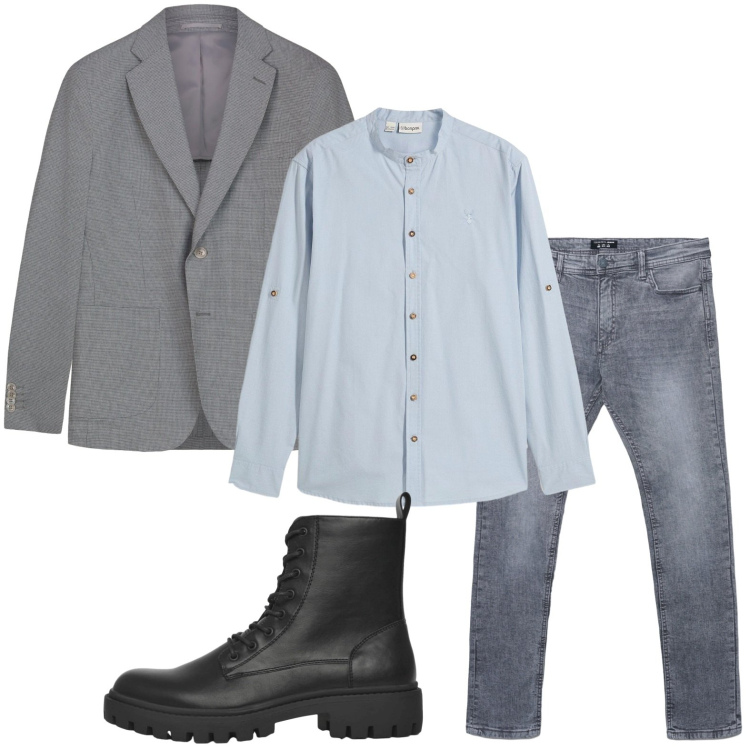 Outfit uomo - Formale moderno. Stile Casual per Ufficio. Abbinamento con camicie, jeans skinny, anfibi, giacche.