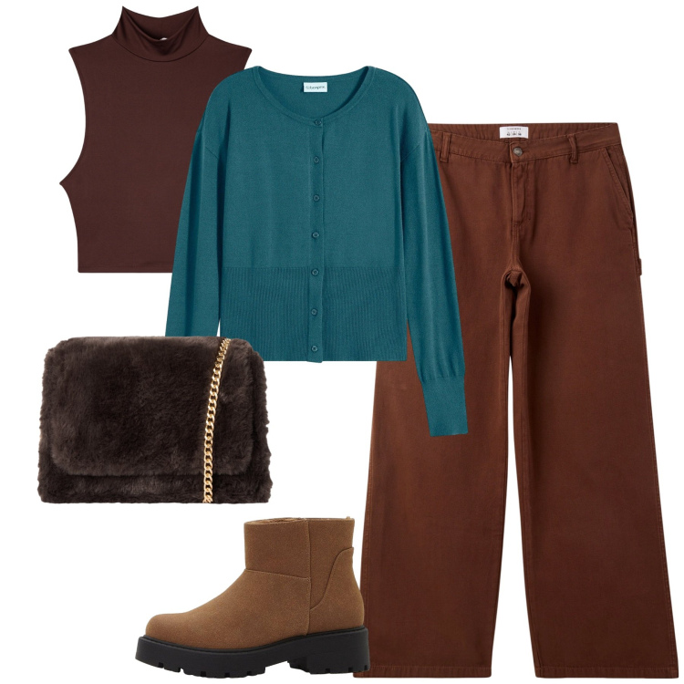 Outfit donna - Ottobre. Stile Casual per Tutti i giorni. Abbinamento con cardigans, stivaletti, pantaloni, top, borse a tracolla.