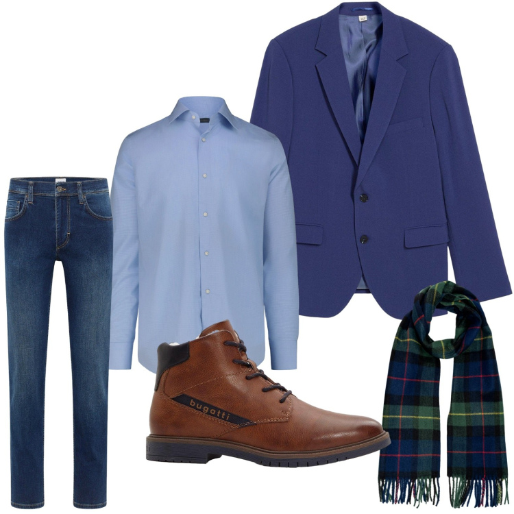 Outfit uomo - La sciarpa versatile. Stile Casual per Ufficio. Abbinamento con jeans dritti, giacche, stivali e stivaletti, sciarpe, camicie.