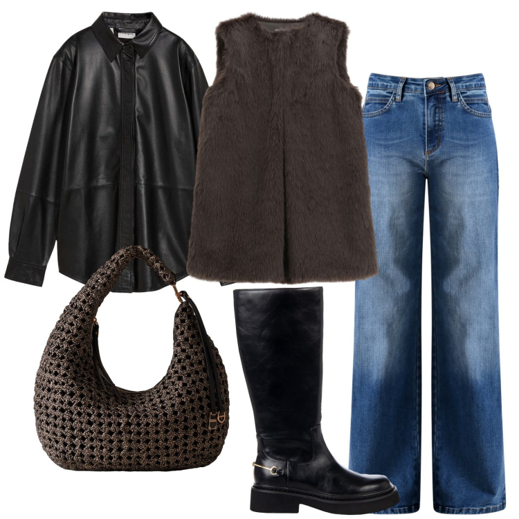 Outfit donna - Cioccolato fondente alla liquirizia. Stile Trendy per Tutti i giorni. Abbinamento con camicie, gilet, borse a spalla, jeans bootcut, stivali sopra il ginocchio.