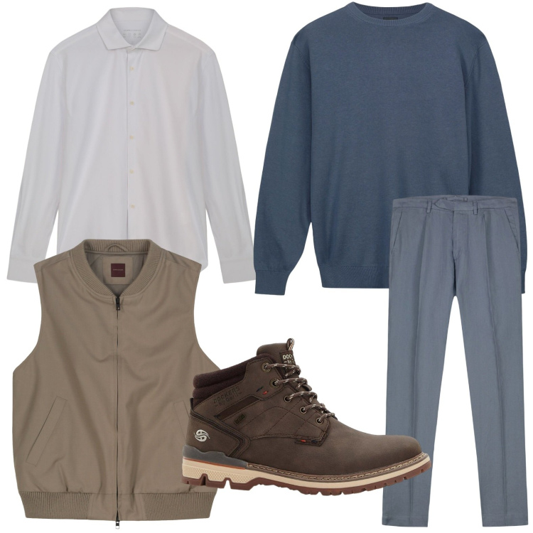 Outfit uomo - Lo smanicato casual. Stile Casual per Ufficio. Abbinamento con stivali e stivaletti, piumini, pantaloni, camicie, maglieria.