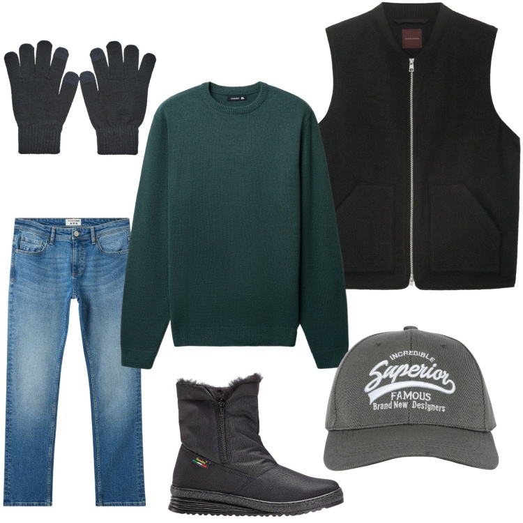 Outfit uomo - I guanti da giorno. Stile Trendy per Tutti i giorni. Abbinamento con stivali e stivaletti, jeans, cappelli con visiera, maglieria, guanti, giacche.