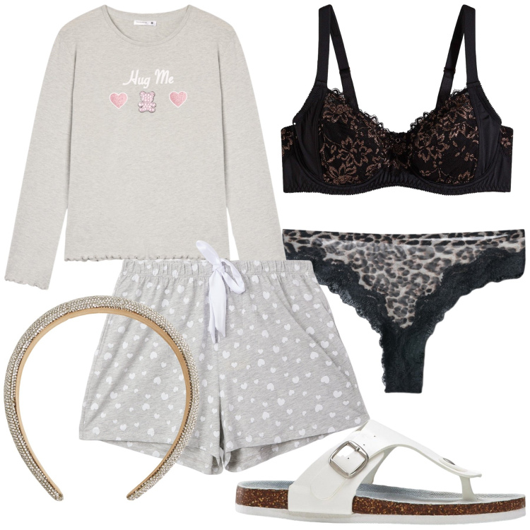 Outfit donna - Lingerie je t aime. Stile Bon Ton per Tutti i giorni. Abbinamento con infradito, reggiseni, cerchietti, culotte, pigiama, pigiama.