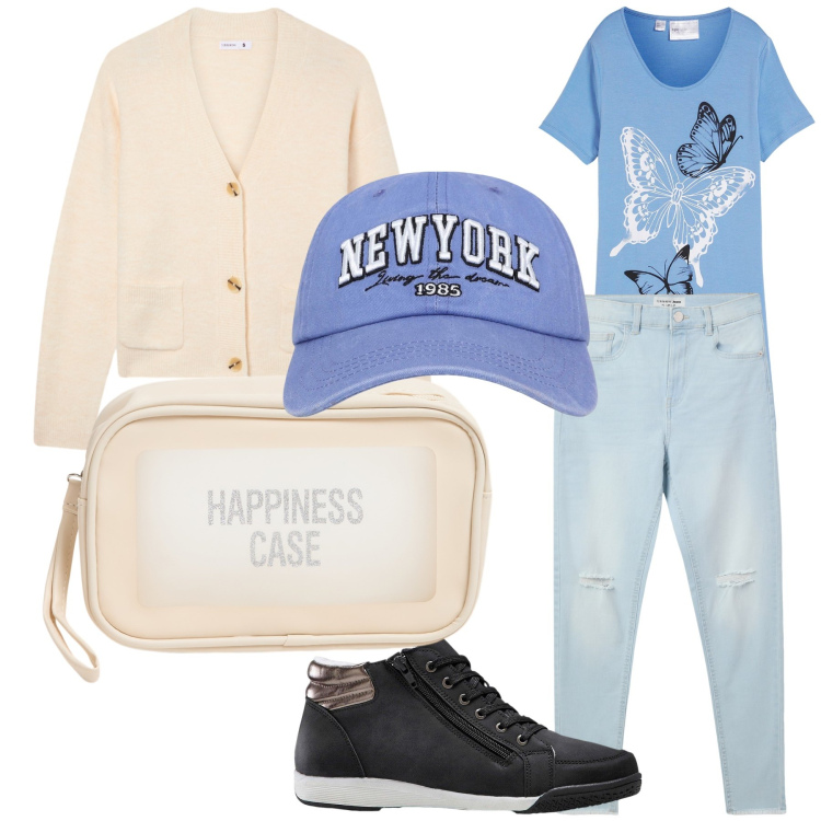 Outfit donna - Breve giro ai giardinetti. Stile Casual per Tutti i giorni. Abbinamento con sneakers alte, maglieria, jeans strappati, cappelli, cardigans, valigie.